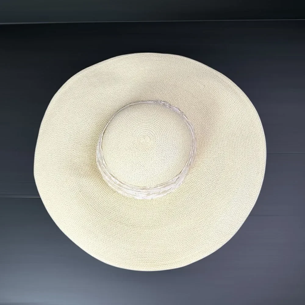 Whittall & Shon Wide Brim Straw Hat Lace Knotted Wrap Summer Derby Garden Party